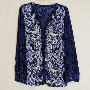 DANA BUCHMAN Royal Blue/White Paisley Chiffon Long Sleeve Button Blouse; Size 1X
